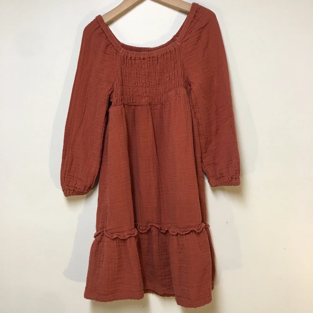 Old Navy Babydoll Dress Kids Size M 8 Molten Copper Smocked Long Sleeve Gauze